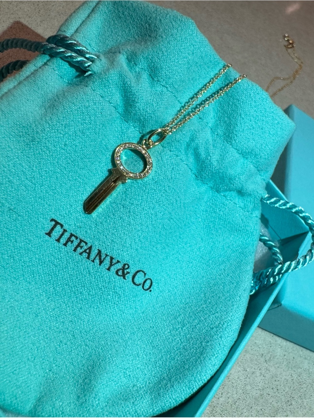 RARE Tiffany & Co. 18k Gold Modern Key Diamond Pendant Necklace